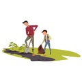 Picture of a father planting plants with a child. Vector illustration