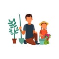 Picture of a father planting plants with a child. Vector illustration