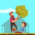 Picture of a father planting plants with a child. Vector illustration