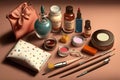 Cosmetics and makeup products on a brown background