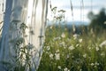 A picture featuring a field of white flowers with a sheered curtain in the background. Suitable for various uses Royalty Free Stock Photo