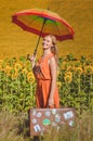 Picture of female holding rainbow umbrella and Royalty Free Stock Photo