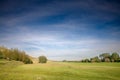 Panorama of Titelski breg, or titel hill, in Vojvodina, Serbia, with a countryside grassfield, in an agricultural landscape with