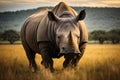 Picture of the fontal View of a Large White Rhinoceros in Open Field, created with Generative AI technology Royalty Free Stock Photo