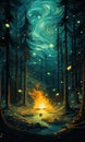 Picture of a forest, river, fire. Camping illustration. Nature, fire, bonfire, forest. vector illustration.
