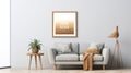 Picture frame mockup blank canvas white background living room boho style Royalty Free Stock Photo