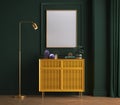 Picture frame mockup in green dark room with yellow drawer and floor lamp.