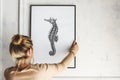 Picture frame mockup with a seahorse drawing Royalty Free Stock Photo