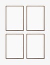 Picture frame mockup, Set of four blank brown wood blank frames on white wall, 4 frames template for artwork, painting or poster