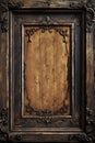 A picture frame with an ornate design on a wooden door Royalty Free Stock Photo