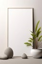 A picture frame with a plant and rocks on a table. Generative AI image. Blank poster mockup.