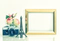 Picture frame rose flowers vintage camera. Eiffel Tower Paris Royalty Free Stock Photo