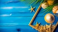 Picture frame, starfish, coconuts, and other tropical items on blue wooden background. Generative AI Royalty Free Stock Photo