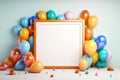 Picture frame surrounded by balloons and confetti on white background. Generative AI Royalty Free Stock Photo