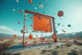 A picture frame surrounded by balloons in the desert. Generative AI image. Royalty Free Stock Photo