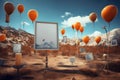 A picture frame surrounded by orange balloons in the desert. Generative AI image. Royalty Free Stock Photo