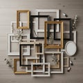 Picture frames in different sizes and shapes are arranged on a Royalty Free Stock Photo