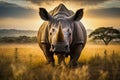 Picture of the fontal View of a Large White Rhinoceros in Open Field, created with Generative AI technology Royalty Free Stock Photo