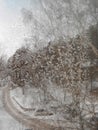 Picture of a frost on the windowpane. Winter landscape Royalty Free Stock Photo