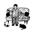 Picture full of woman in pajamas with a cat in the evening having supper on the couch in front of the TV, hand-drawn vecto