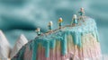 Miniature figure climbing cake mountain Royalty Free Stock Photo