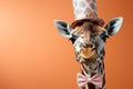 A picture of a giraffe wearing a party hat with colorful balloons in the background. Perfect for birthday party invitations or Royalty Free Stock Photo