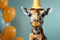 A picture of a giraffe wearing a party hat with colorful balloons in the background. Perfect for birthday party invitations or Royalty Free Stock Photo