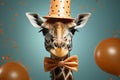 A picture of a giraffe wearing a party hat with colorful balloons in the background. Perfect for birthday party invitations or Royalty Free Stock Photo