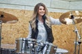 Girl behind drums in a professional recording studio Royalty Free Stock Photo