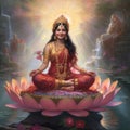 picture of goddess Laxmi smiling sitting on the lotus generative AI