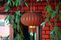 Picture of a green leafs and red wall hanging in wall. Selective Focus On Subject, Background Blur Royalty Free Stock Photo