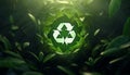 Photo of a green recycle symbol surrounded by leaves Royalty Free Stock Photo