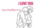 a picture of a greeting card with romantic words and a sketch of a young couple in love hugging each other Royalty Free Stock Photo