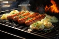 Picture of grill with hot dogs and potatoes cooking on it. Royalty Free Stock Photo