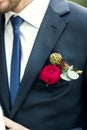 Picture of groom with blue tie and red rose boutonniere on wedding day Royalty Free Stock Photo