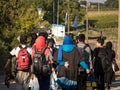 Refugees walking towards the Croatian border crossing on the Croatia Serbia border, between the cities of Bapska and Berkasovo