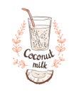 Picture of half a coconut and Coconut milk.