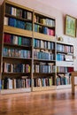 The picture hangs on a white wall next to which there is a brown wooden cabinet with books lying inside and standing on the brown Royalty Free Stock Photo