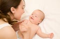 Picture of happy mother with adorable baby lying on bed Royalty Free Stock Photo