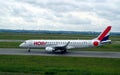 Picture of HOP airplane about to take off. HOP is the brand name of the regional flights operated by subsidiaries of Air France.