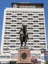 Statue of Soviet Military leader Grigori Kotovski facing the formerly soviet hotel Cosmos, one of the landmarks of Chisinau