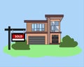 Picture. House Sold. Real Estate Sign to advertise a house listing. Basic Sign Sold in front of a modern House. Vector