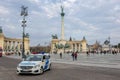 Mercedes from the Hungarian Police unit Rendorseg patrolling in front of Heroes square Hosok Tere, main touristic attraction