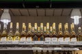 Bottles of Tokaji wine and other traditional Hungarians drinks for sale in Budapest central market, Nagy Vasarcsarnok Royalty Free Stock Photo