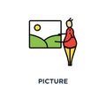 picture icon. photo gallery, photo album, cute cartoon character puts, sending or attaching the picture to the frame, outline,