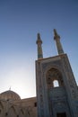 Jameh mosque, with its distinctive tiles minarets, seen at sunset. Jameh mosque is one of the symbols of the city of Yazd