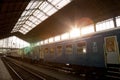 Train arriving on one of the main platforms of Budapest Nyugati palyaudvar train station Royalty Free Stock Photo