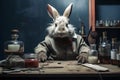 Picture of an injured rabbit sitting in a laboratory dressed as a scientist, medical experimentation on animals and its problems,