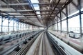 Picture inside a commuter train in Tokyo aproaching the end of Odaiba`s Rainbow bridge.