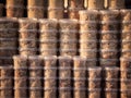 Selective blur on boxes of halva piled, stacked, ready for sale on a market of Serbia, Alva, helva, or halva